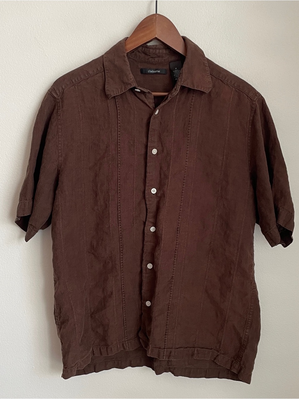Liz Claiborne Linen Shirt Mens Medium Brown Short Sleeve Button Up Granola Indie